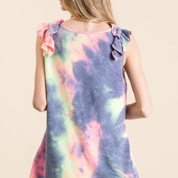 BiBi Tie Dye French Terry V Neck Top with Ruffle - Picture 9 of 10
